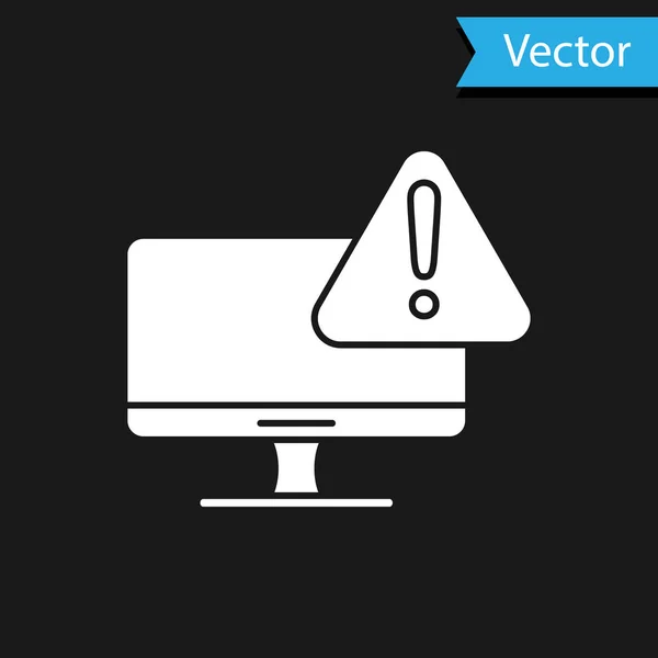 Weißer Computermonitor mit Ausrufezeichen-Symbol isoliert auf schwarzem Hintergrund. Alarmmeldung Smartphone-Benachrichtigung. Vektorillustration — Stockvektor