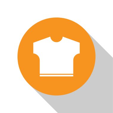 Beyaz t-shirt simgesi beyaz arkaplanda izole edilmiş. Turuncu daire düğmesi. Vektör İllüstrasyonu