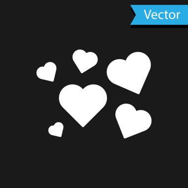 Beyaz Kalp simgesi siyah arkaplanda izole edildi. Romantik sembol, bağlanma, tutku ve düğün. Sevgililer Günü sembolü. Vektör İllüstrasyonu