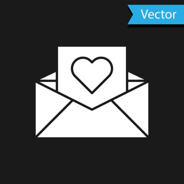 Siyah arka plan üzerinde izole Valentine kalp simgesi ile Beyaz Zarf. Mesaj aşk. Mektup aşk ve romantizm. Vektör İllüstrasyonu