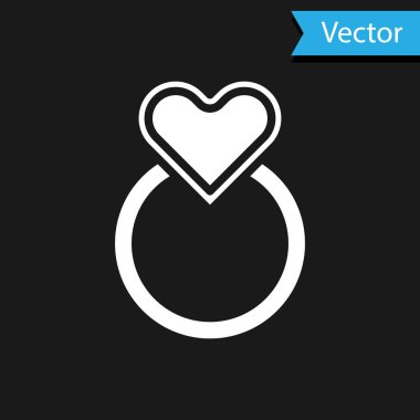 Beyaz alyans simgesi siyah arkaplanda izole edilmiş. Gelin ve damat mücevher tabelası. Evlilik sembolü. Elmas yüzük. Vektör İllüstrasyonu