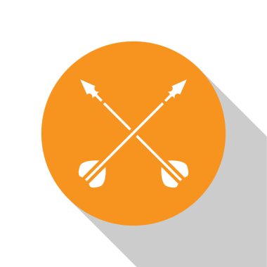 Beyaz ortaçağ çapraz ok simgesi beyaz arka planda izole edildi. Ortaçağ silahı. Turuncu daire düğmesi. Vektör İllüstrasyonu