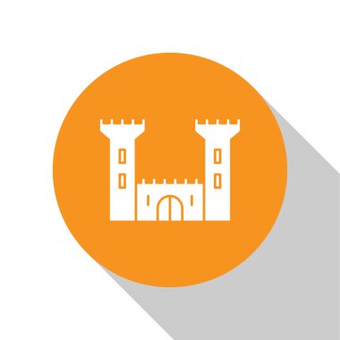 Beyaz Kale simgesi beyaz arkaplanda izole edildi. Kale işareti. Turuncu daire düğmesi. Vektör İllüstrasyonu