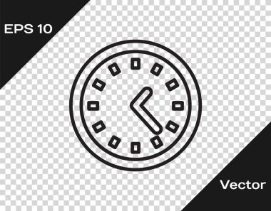 Şeffaf arkaplanda siyah çizgi saat simgesi izole edildi. Zaman sembolü. Vektör İllüstrasyonu