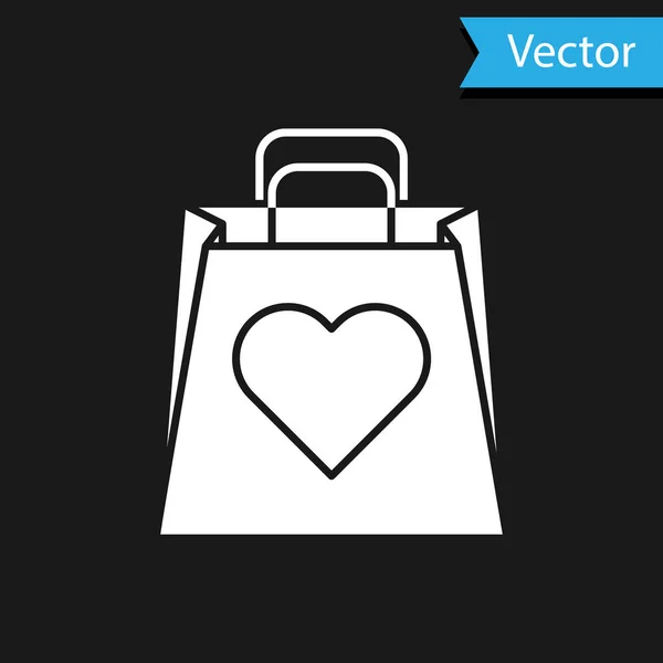 Weiße Einkaufstasche mit Herz-Symbol auf schwarzem Hintergrund. Shopping Bag Shop Liebe wie Herz Ikone. Valentinstag-Symbol. Vektorillustration — Stockvektor