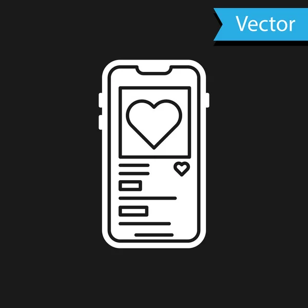 Weißes Handy mit Herz-Symbol isoliert auf schwarzem Hintergrund. Valentinstag. Vektorillustration — Stockvektor