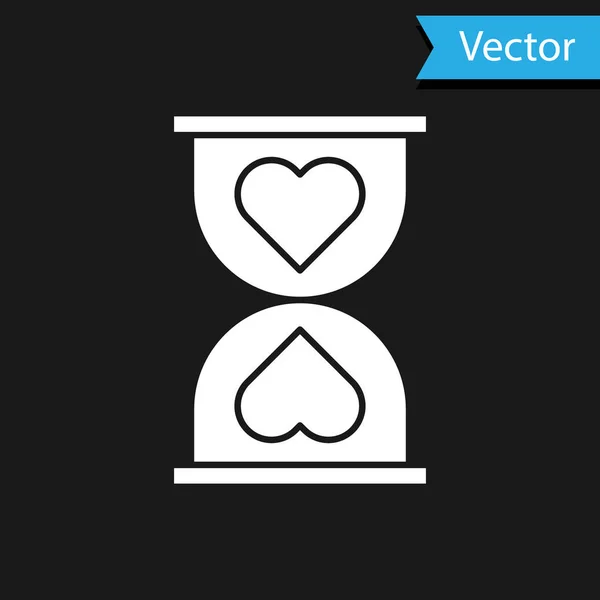 黒の背景に隔離された中央の古い砂時計のアイコンのホワイトハート。バレンタインデー。ベクターイラスト — ストックベクタ