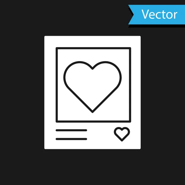 Blanco Marcos de fotos en blanco y corazones icono aislado sobre fondo negro. Símbolo de San Valentín. Ilustración vectorial — Archivo Imágenes Vectoriales