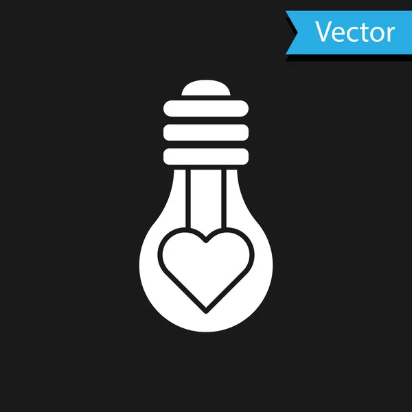 White Heart shape in a light bulb icon isolated on black background. Love symbol. Valentine day symbol. Vector Illustration — Stock Vector