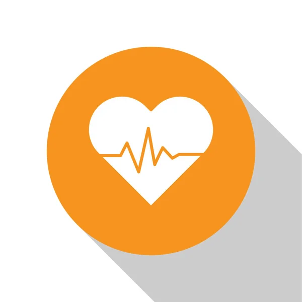 White Heart rate icon isolated on white background. Heartbeat sign. Heart pulse icon. Cardiogram icon. Orange circle button. Vector Illustration — 스톡 벡터