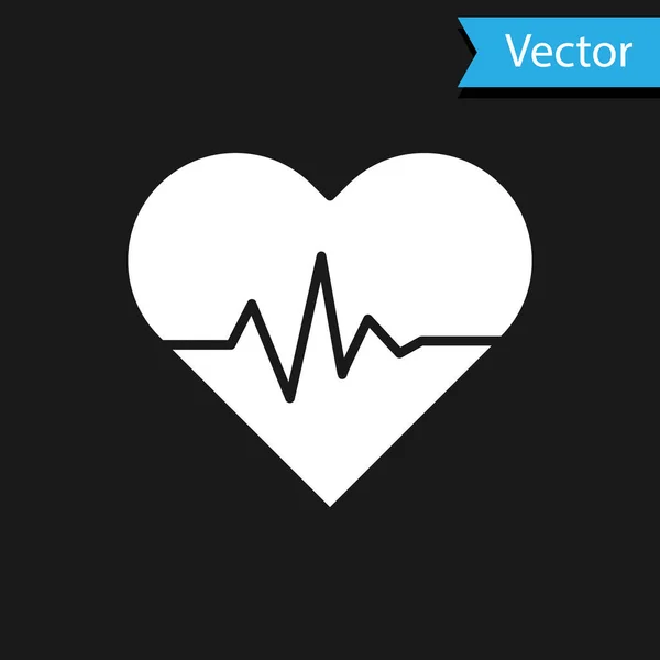 Icono de frecuencia cardíaca blanca aislado sobre fondo negro. Signo de latido. Icono de pulso. Icono del cardiograma. Ilustración vectorial — Vector de stock