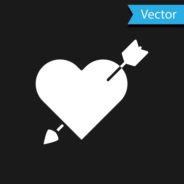 Símbolo de amor blanco con corazón e icono de flecha aislados sobre fondo negro. Señal de amor. El símbolo de San Valentín. Ilustración vectorial — Vector de stock