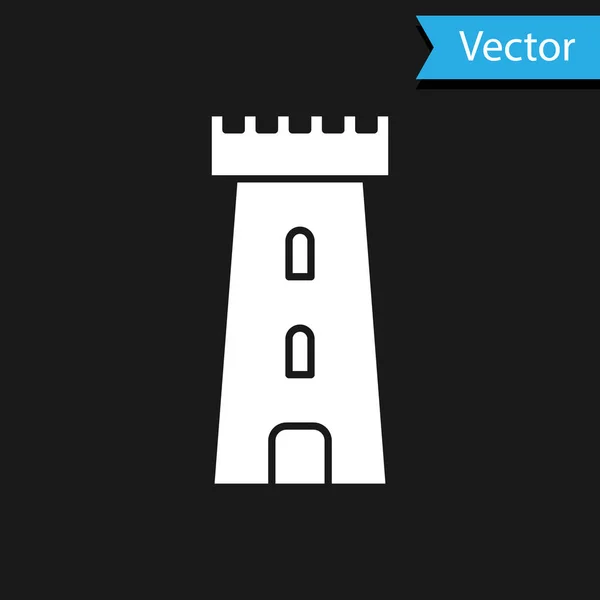 Icono de torre del Castillo Blanco aislado sobre fondo negro. Signo de fortaleza. Ilustración vectorial — Vector de stock