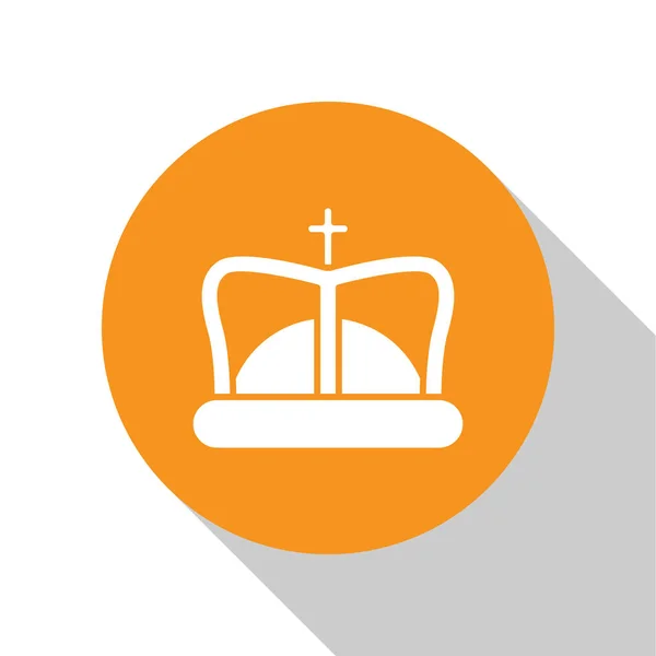 Icona corona re bianco isolato su sfondo bianco. Pulsante cerchio arancione. Illustrazione vettoriale — Vettoriale Stock