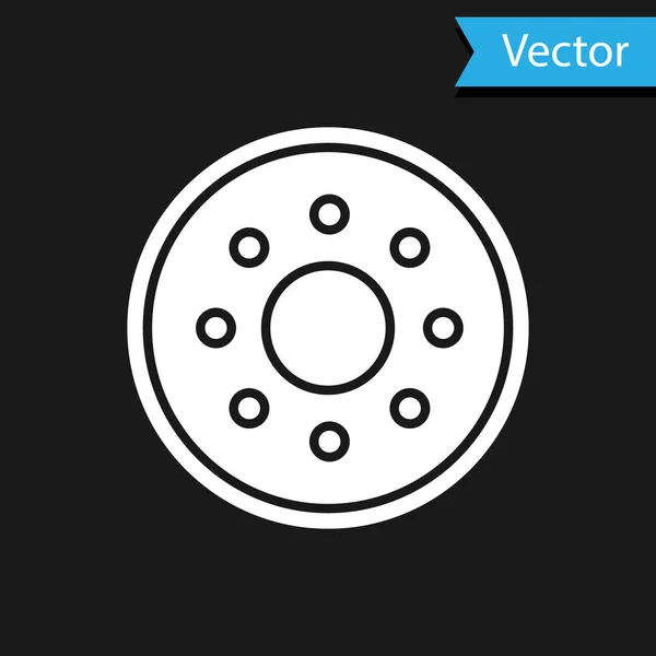 Icono de escudo de madera redondo blanco aislado sobre fondo negro. Seguridad, seguridad, protección, privacidad, concepto de guardia. Ilustración vectorial — Vector de stock