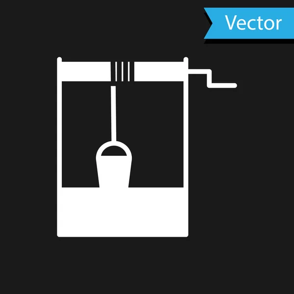 Weißer Brunnen mit Eimer und Trinkwassersymbol isoliert auf schwarzem Hintergrund. Vektorillustration — Stockvektor