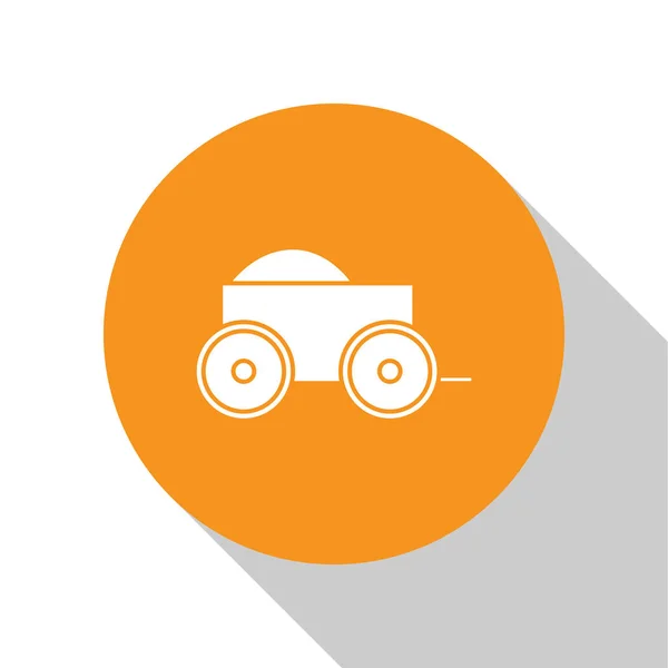 Carro de cuatro ruedas de madera blanca con icono de heno aislado sobre fondo blanco. Botón círculo naranja. Ilustración vectorial — Vector de stock