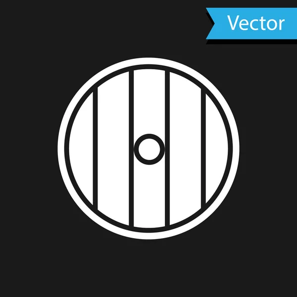 Ícone de escudo de madeira redonda branca isolado no fundo preto. Segurança, segurança, proteção, privacidade, conceito de guarda. Ilustração vetorial — Vetor de Stock