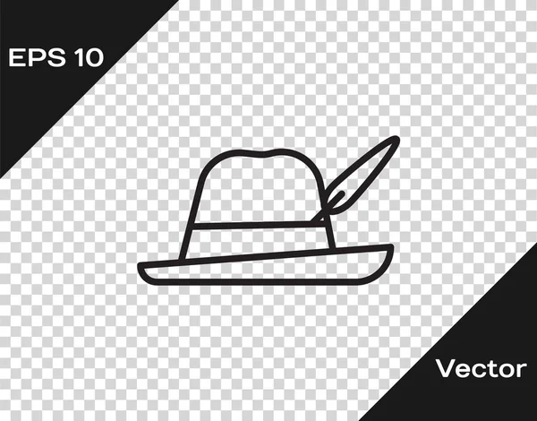 Línea negra Oktoberfest sombrero icono aislado sobre fondo transparente. Sombrero de cazador con pluma. Sombrero alemán. Ilustración vectorial — Archivo Imágenes Vectoriales