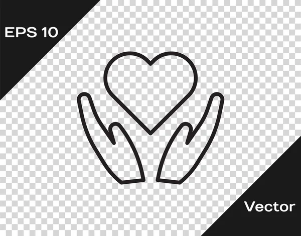 Black line Heart on hand icon isolated on transparent background. Hand giving love symbol. Valentines day symbol. Vector Illustration