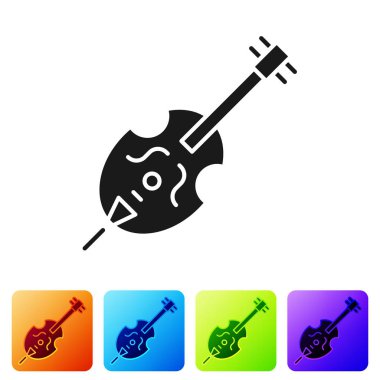 Beyaz arkaplanda siyah keman simgesi izole edildi. Müzik aleti. Renkli kare düğmelerle simgeleri ayarla. Vektör İllüstrasyonu