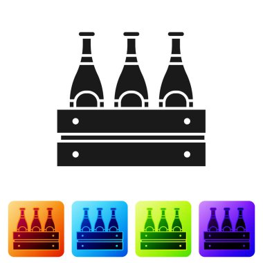 Beyaz arka planda izole edilmiş siyah bira şişesi ikonu sürüsü. Tahta kutu ve bira şişeleri. Kutu bira kutusu tabelası. Renkli kare düğmelerle simgeleri ayarla. Vektör İllüstrasyonu
