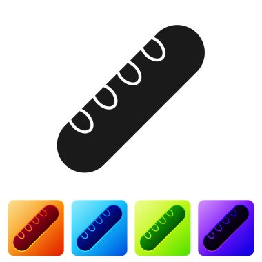 Beyaz arka planda izole edilmiş siyah Fransız baget ekmek ikonu. Renkli kare düğmelerle simgeleri ayarla. Vektör İllüstrasyonu