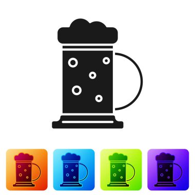 Beyaz arka planda siyah tahta bardak ikonu var. Renkli kare düğmelerle simgeleri ayarla. Vektör İllüstrasyonu