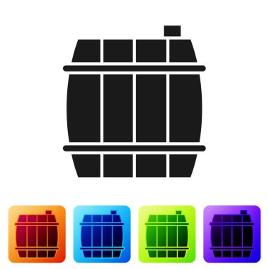 Beyaz arka planda siyah tahta varil ikonu izole edildi. Alkol fıçısı, içki kabı, bira için tahta fıçı, viski, şarap. Renkli kare düğmelerle simgeleri ayarla. Vektör İllüstrasyonu