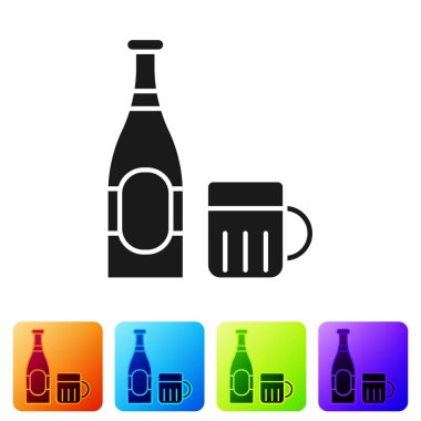 Siyah bira şişesi ve beyaz arka planda izole edilmiş cam ikon. Alkol içeceği sembolü. Renkli kare düğmelerle simgeleri ayarla. Vektör İllüstrasyonu