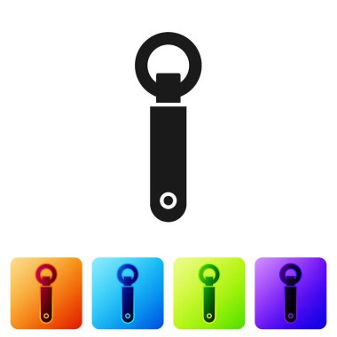 Beyaz arkaplanda siyah şişe açma simgesi izole edildi. Renkli kare düğmelerle simgeleri ayarla. Vektör İllüstrasyonu