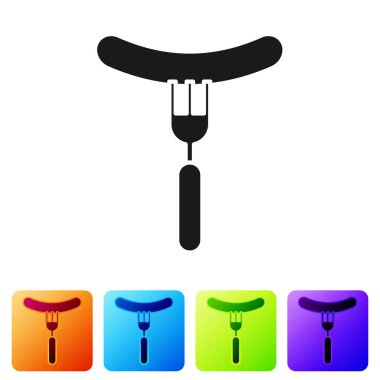 Çatal simgesindeki siyah sosis beyaz arka planda izole edilmiş. Izgara sosis ve aroma işareti. Renkli kare düğmelerle simgeleri ayarla. Vektör İllüstrasyonu