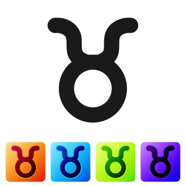 Siyah Taurus burç simgesi beyaz arkaplanda izole edilmiş. Astrolojik yıldız falı koleksiyonu. Renkli kare düğmelerle simgeleri ayarla. Vektör İllüstrasyonu