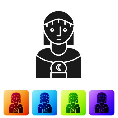 Siyah Astroloji kadın ikonu beyaz arka planda izole edildi. Renkli kare düğmelerle simgeleri ayarla. Vektör İllüstrasyonu