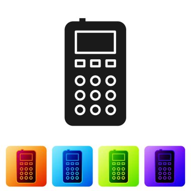 Siyah Uzaktan Denetim simgesi beyaz arkaplanda izole edildi. Renkli kare düğmelerle simgeleri ayarla. Vektör İllüstrasyonu