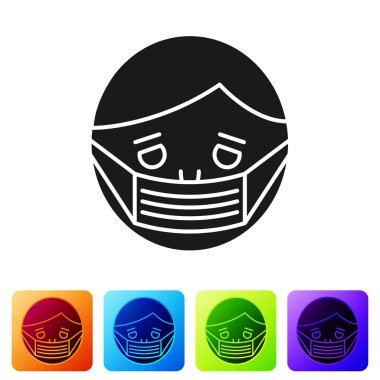 Siyah adam yüzü, beyaz arka planda izole edilmiş tıbbi koruyucu maske ikonu. Karantinaya alın. Renkli kare düğmelerle simgeleri ayarla. Vektör İllüstrasyonu