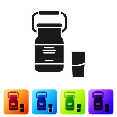 Beyaz arka planda izole edilmiş süt ve cam ikon için siyah kutu. Renkli kare düğmelerle simgeleri ayarla. Vektör İllüstrasyonu