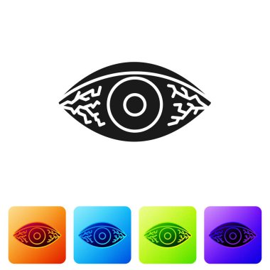 Beyaz arka planda izole edilmiş viral, bakteriyel ya da alerjik konjonktivit ikonu nedeniyle siyah göz. Renkli kare düğmelerle simgeleri ayarla. Vektör İllüstrasyonu
