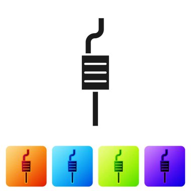 Siyah araba susturucusu simgesi beyaz arkaplanda izole edildi. Egzoz borusu. Renkli kare düğmelerle simgeleri ayarla. Vektör İllüstrasyonu