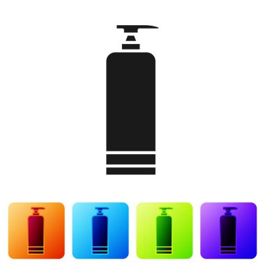 Beyaz arka planda siyah krem ya da losyon kozmetik tüp ikonu var. Erkekler için vücut bakım ürünleri. Renkli kare düğmelerle simgeleri ayarla. Vektör İllüstrasyonu