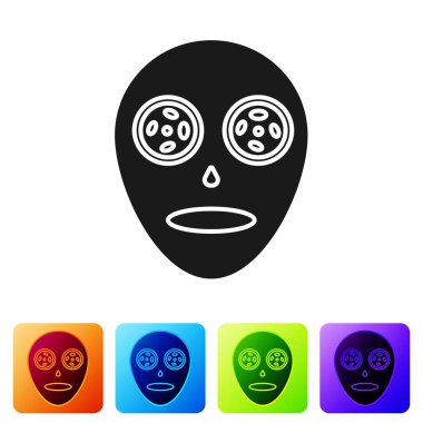 Siyah Yüz Kozmetik Maskesi simgesi beyaz arkaplanda izole edildi. Kozmetoloji, ilaç ve sağlık hizmetleri. Renkli kare düğmelerle simgeleri ayarla. Vektör İllüstrasyonu