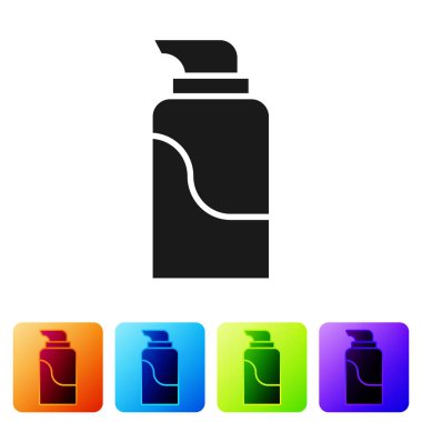 Beyaz arka planda siyah krem ya da losyon kozmetik tüp ikonu var. Erkekler için vücut bakım ürünleri. Renkli kare düğmelerle simgeleri ayarla. Vektör İllüstrasyonu