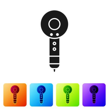 Beyaz arkaplanda siyah saç kurutma ikonu izole edildi. Saç kurutma makinesi tabelası. Saç kurutma sembolü. Sıcak hava üflüyor. Renkli kare düğmelerle simgeleri ayarla. Vektör İllüstrasyonu