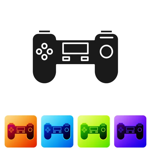 Черный иконка Gamepad изолированы на белом фоне. Игровой контроллер. Поставьте их в цветные квадратные пуговицы. Векторная миграция — стоковый вектор