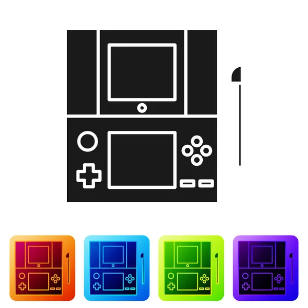 Icona console portatile nera per videogiochi isolata su sfondo bianco. Segno del gamepad. Concetto di gioco. Imposta le icone nei pulsanti quadrati a colori. Illustrazione vettoriale — Vettoriale Stock