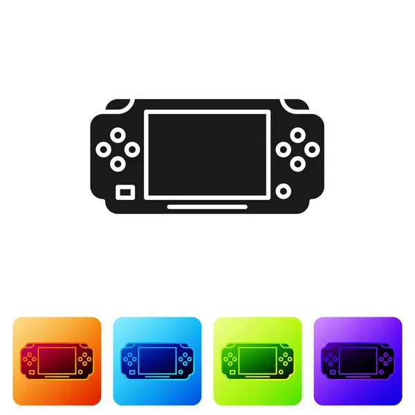 Beyaz arkaplanda siyah taşınabilir video oyun konsolu simgesi izole edildi. Av alanı tabelası. Oyun konsepti. Renkli kare düğmelerle simgeleri ayarla. Vektör İllüstrasyonu — Stok Vektör