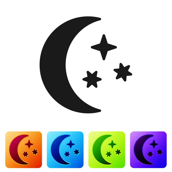 Fekete Hold és csillagok ikon elszigetelt fehér háttérrel. Állítsa ikonok színes négyzet gombok. Vektorillusztráció — Stock Vector