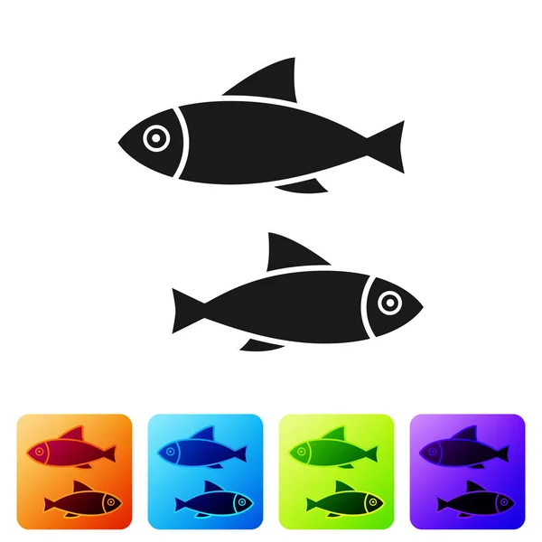 Schwarzer Fisch Symbol isoliert auf weißem Hintergrund. setzen Sie Symbole in farbigen quadratischen Buttons. Vektorillustration — Stockvektor