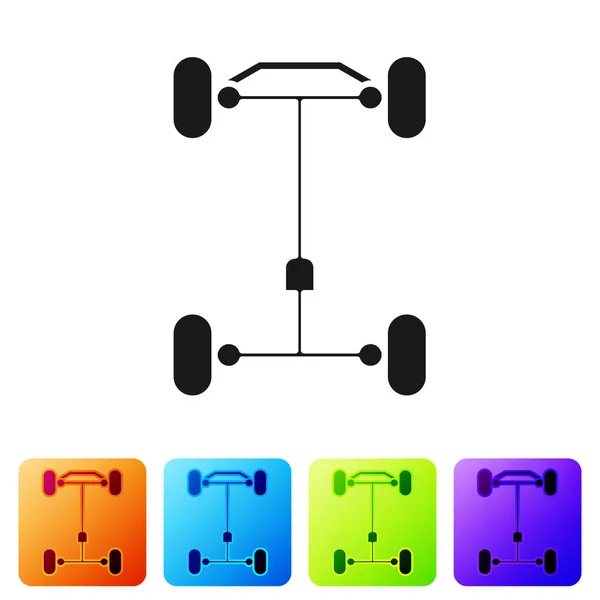 Schwarzes Chassis-Auto-Symbol isoliert auf weißem Hintergrund. Setzen Sie Symbole in farbigen quadratischen Tasten. Vektorillustration — Stockvektor