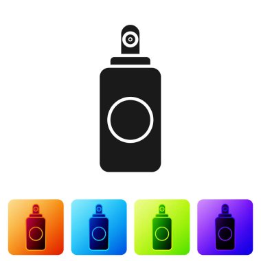 Oda spreyi için siyah sprey kutusu, saç spreyi, deodorant, beyaz arka planda izole edilmiş terleme önleyici ikon. Renkli kare düğmelerle simgeleri ayarla. Vektör İllüstrasyonu